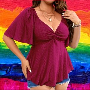 🆕Women’s plus-size Magenta Pink Flutter-sleeve Stretchy Eyelet Top❤️❤️3X